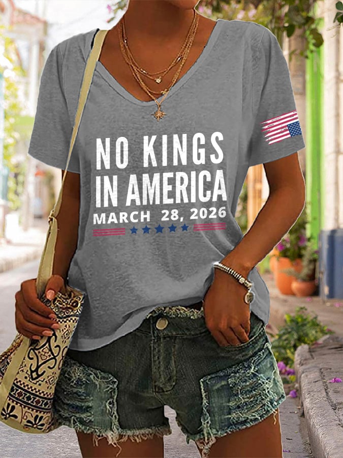 🔥Buy 3 Get 15% Off🔥V-Neck Retro No Kings In America March 28 2026 Print T-Shirt
