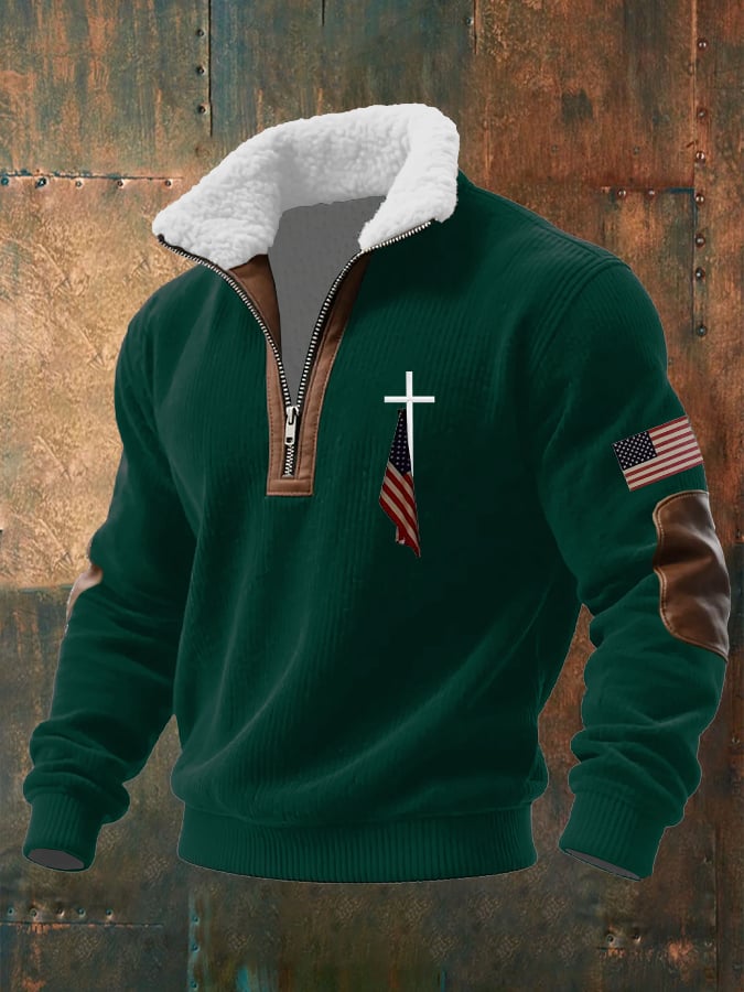 Men's Faith Print Knitted Fabric Zipper Fur Collar Long-Sleeved Sweatshirt