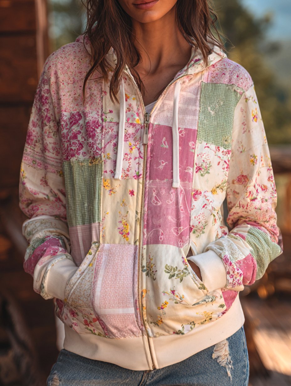 Women's Casual Romantic Floral Print Zipper Jacket