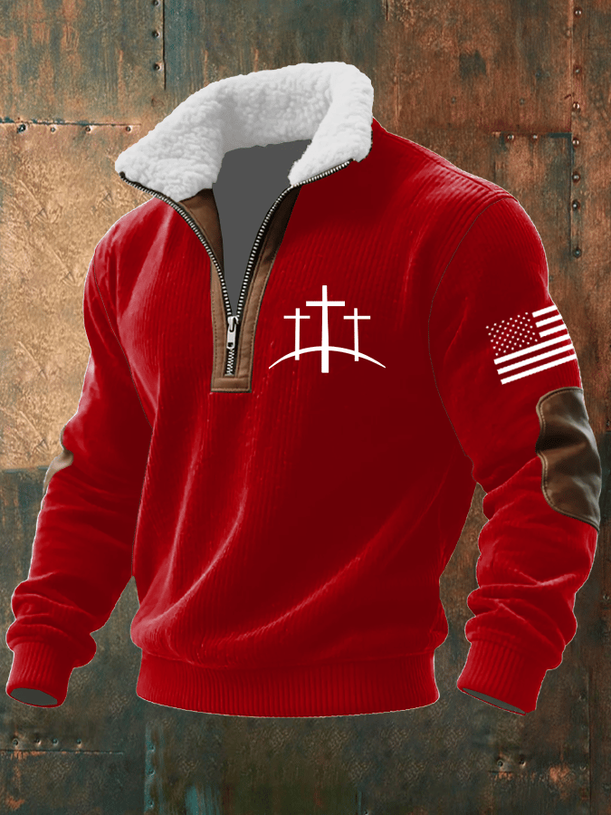 Men's Faith Print Knitted Fabric Zipper Fur Collar Long-Sleeved Sweatshirt