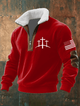 Men's Faith Print Knitted Fabric Zipper Fur Collar Long-Sleeved Sweatshirt