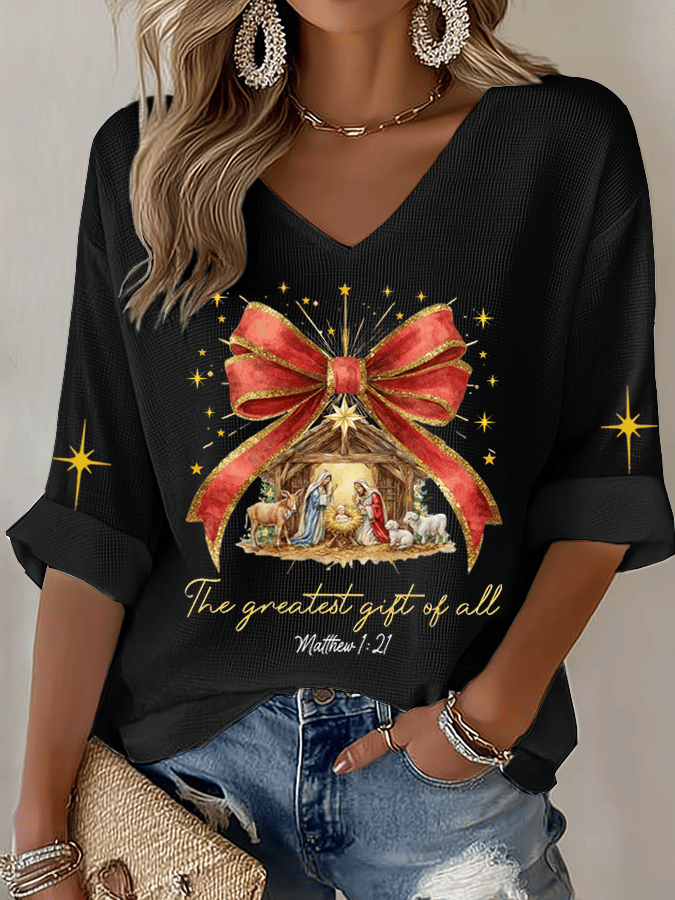 Women's Christmas Faith Print Waffle Long Sleeve T-Shirt