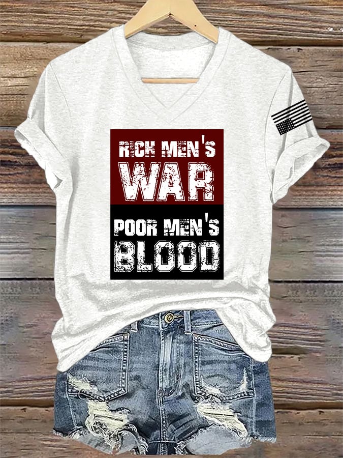 🔥Buy 3 Get 15% Off🔥V-Neck Retro Rich Men's War Poor Men's Blood Print T-Shirt