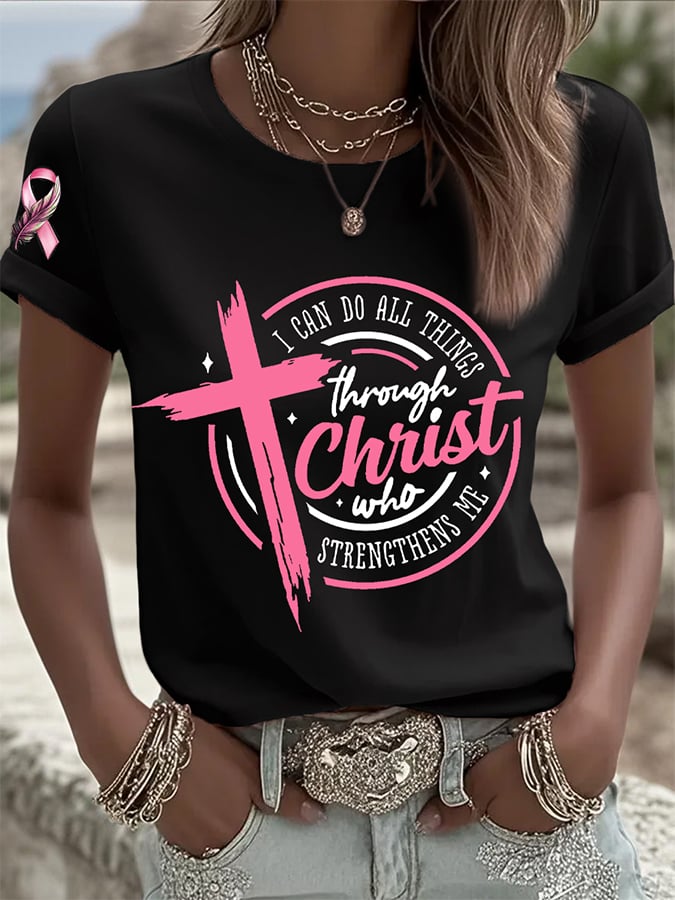 Women's Pink Ribbon Breast Cancer Awareness Support Print T-Shirt