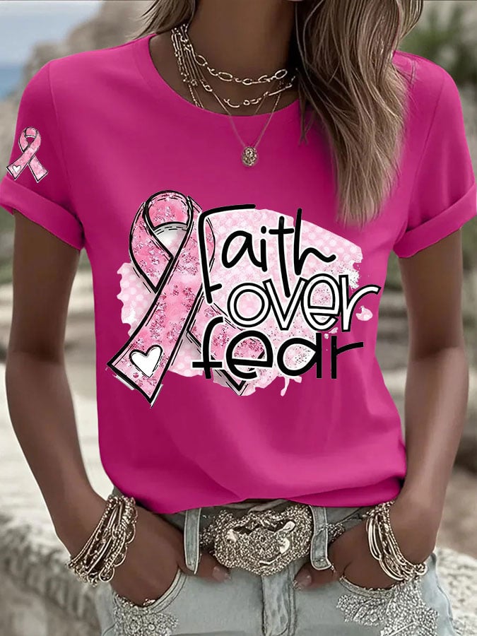 Women's Breast Cancer Faith Cross Faith over fear Print Casual T-shirt