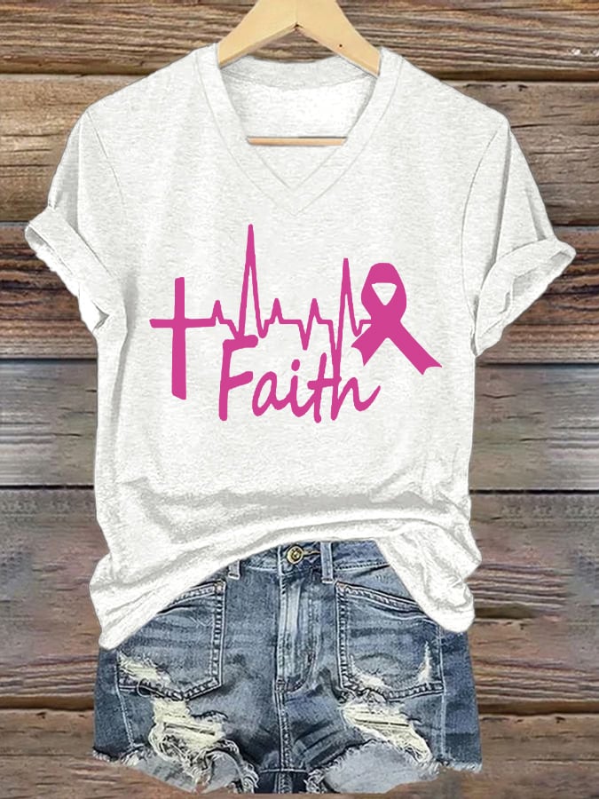 V-Neck Retro Breast Cancer Awareness Heartbeat Faith Print T-Shirt