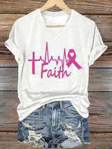 V-Neck Retro Breast Cancer Awareness Heartbeat Faith Print T-Shirt