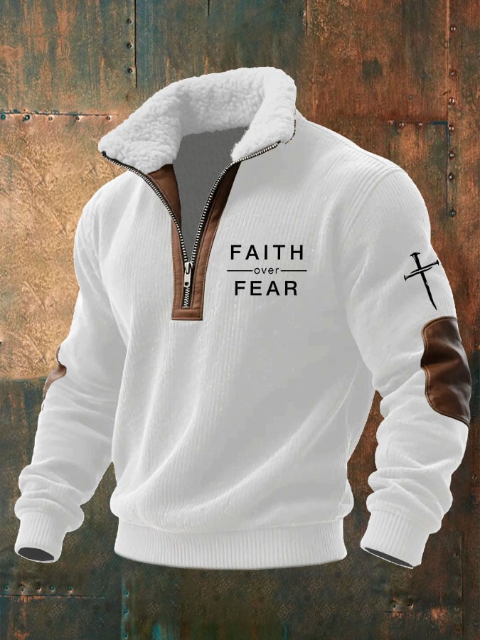 Men's Faith Over Fear Printed Knitted Fabric Zipper Fur Collar Sweatshirt