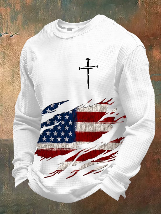 Men's Retro Faith Design Printed Waffle Fabric Long Sleeve T-Shirt