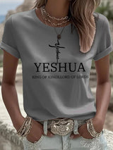 Women's Retro Faith "Yeshua King OF Kings Lord Of Lords" Design Printed Round Neck T-Shirt