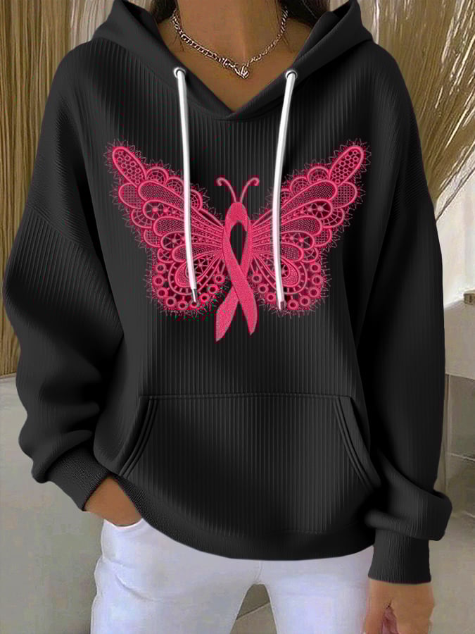 Women's Casual Pink Butterfly Ribbon Textured Hoodie
