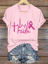 V-Neck Retro Breast Cancer Awareness Heartbeat Faith Print T-Shirt