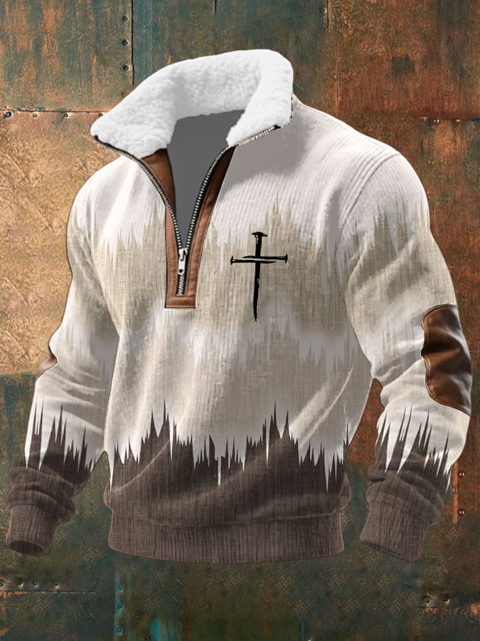Men's Retro Color-Blocked Cross Print Knitted Long-Sleeve Sweatshirt with Zipper and Fur Collar