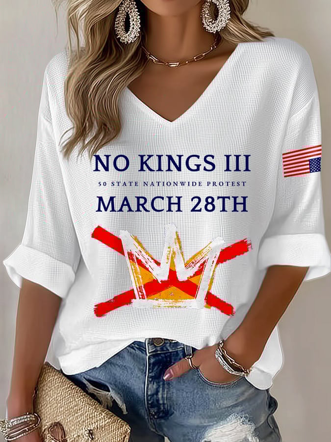 🔥Buy 3 Get 15% Off🔥V-Neck Retro No Kings III 50 State Nationwide Protest March 28th Print T-Shirt