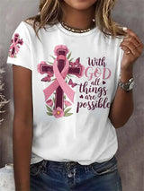 Retro Breast Cancer Awareness Pink Ribbon With God All Things Are Possible Print T-Shirt