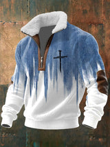 Men's Faith Print Zipper Fur Collar Long-Sleeve Sweatshirt
