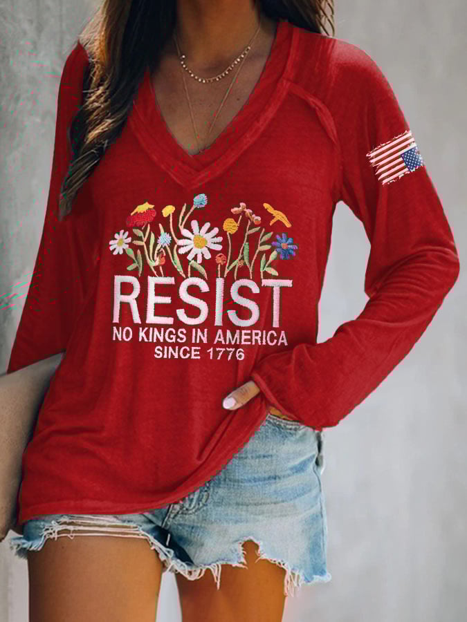 🔥Buy 3 Get 15% Off🔥V-neck Retro Resist No Kings In America Since 1776 Print T-Shirt