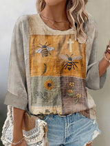 Women's Cute Bee Floral Cross Faux Embroidery Print 3/4 Sleeve Top