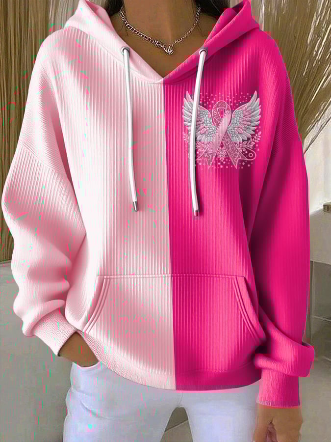 Women's Casual Contrast Pink Ribbon Wings Hoodie