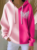 Women's Casual Contrast Pink Ribbon Wings Hoodie