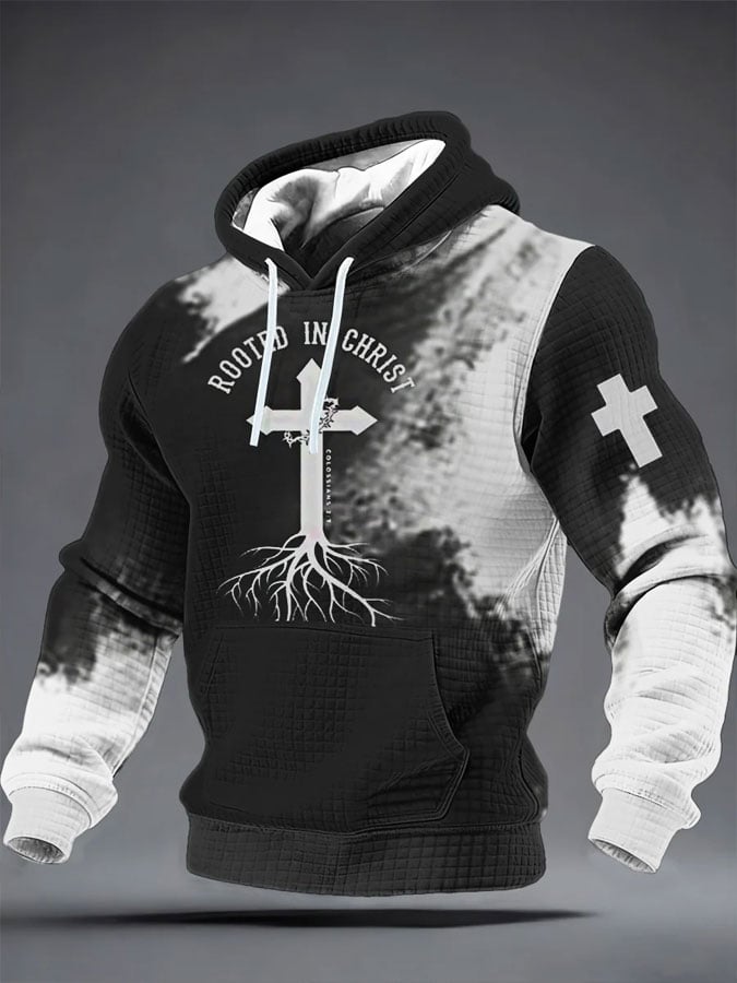 Men's Faith Print Checkered Fabric Hooded Sweatshirt