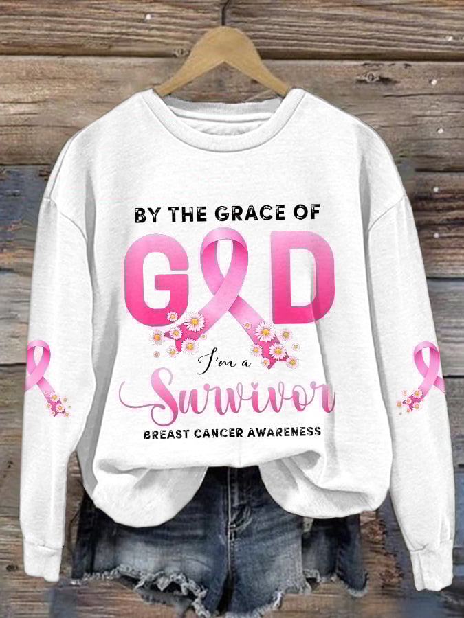 Retro Breast Cancer Awareness Pink Ribbon By The Grace Of God I'm A Survivor Print Sweatshirt