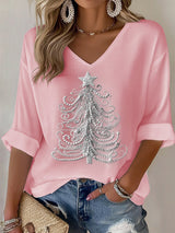 Women's Casual Christmas Tree Waffle Long Sleeve T-shirt