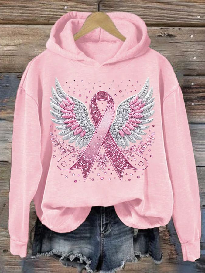 Women's Casual Pink Ribbon Wings Hoodie