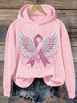 Women's Casual Pink Ribbon Wings Hoodie