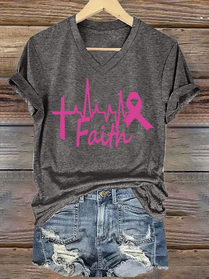 V-Neck Retro Breast Cancer Awareness Heartbeat Faith Print T-Shirt