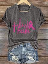 V-Neck Retro Breast Cancer Awareness Heartbeat Faith Print T-Shirt