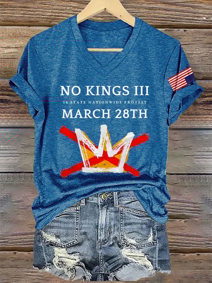 🔥Buy 3 Get 15% Off🔥V-Neck Retro No Kings III 50 State Nationwide Protest March 28th Print T-Shirt