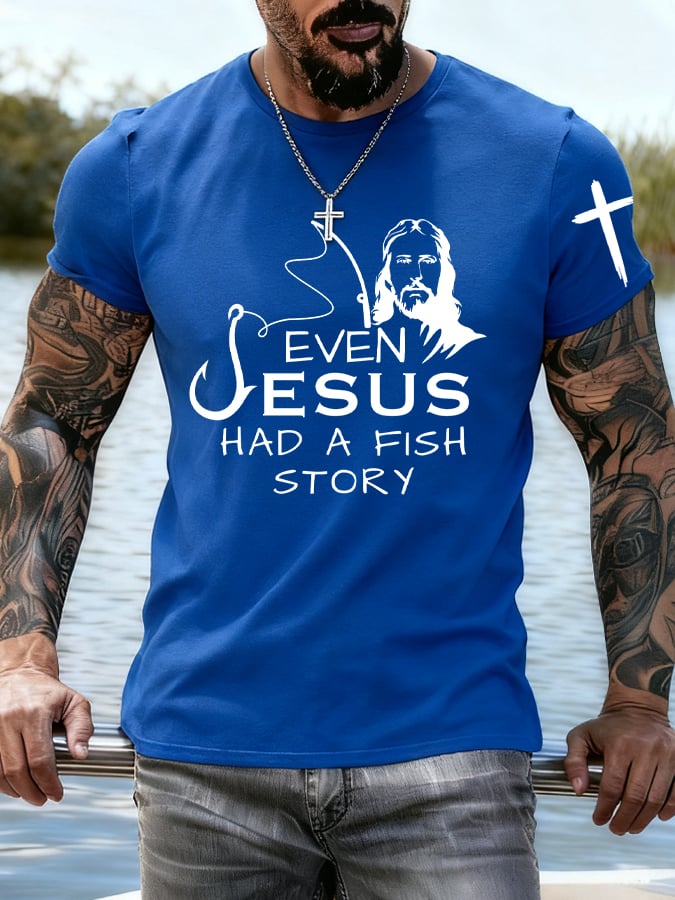 Men's Jesus Also Told The Story Of The Fish Printed T-Shirt
