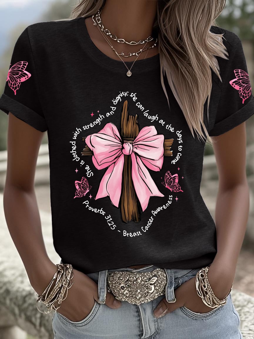 Retro Breast Cancer Awareness Faith Cross Pink Ribbon She Is Clothed With Strength And Dignity; She Can Laugh At The Days To Come Proverbs 31:25 Print T-Shirt