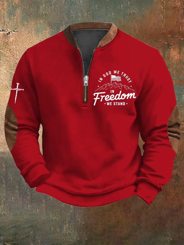 Men's Vintage Faith "In God We Trust In Freedom We Stand" Printed Zip Collar Sweatshirt