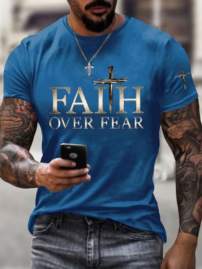 🔥Buy 3 Get 15% Off🔥🔥Hot Sale Picks 🔥Men's Faith Over Fear Cross Print T-shirt
