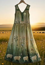 Women's summer cotton and linen three-dimensional sheep cross embroidery print dress