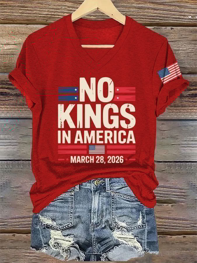 🔥Buy 3 Get 15% Off🔥V-Neck Retro No Kings In America March 28 2026 Print T-Shirt