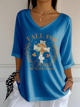 Women's Fall For Jesus He Never Leaves Print T-Shirt