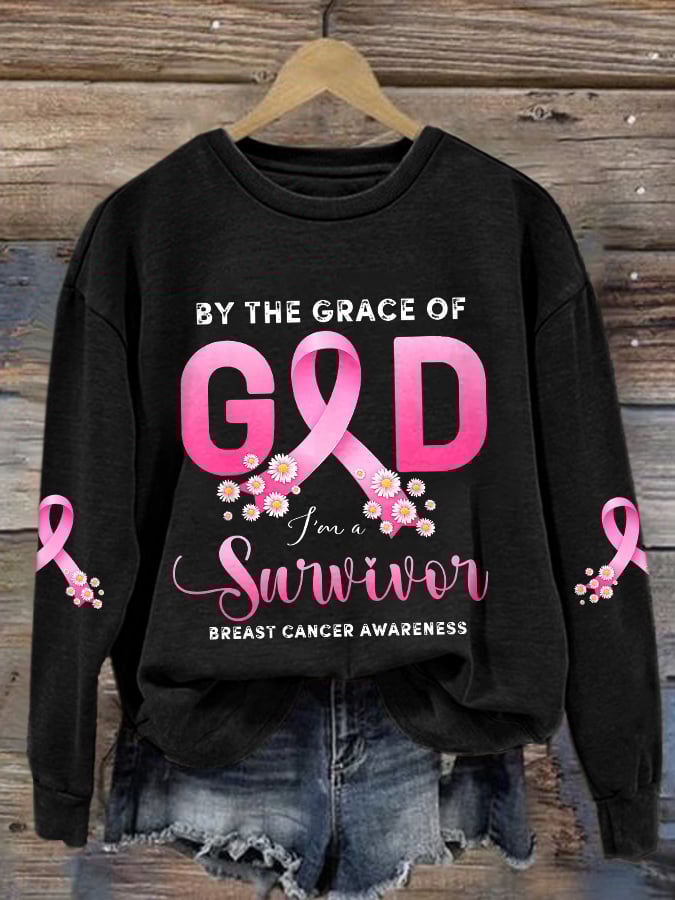 Retro Breast Cancer Awareness Pink Ribbon By The Grace Of God I'm A Survivor Print Sweatshirt
