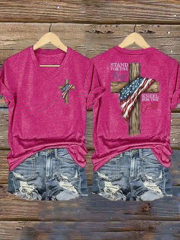 Women's Stand For The Flag Kneel For The Cross Printed Casual T-Shirt