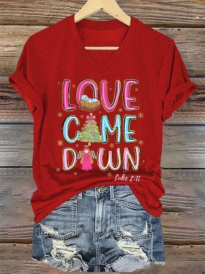 V-Neck Retro Christmas Faith Love Came Down Print T-Shirt
