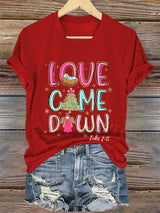 V-Neck Retro Christmas Faith Love Came Down Print T-Shirt