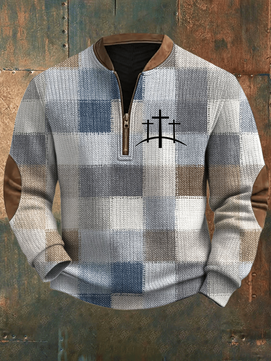 Men's Retro Faith Print Zipper Collar Knit Sweatshirt