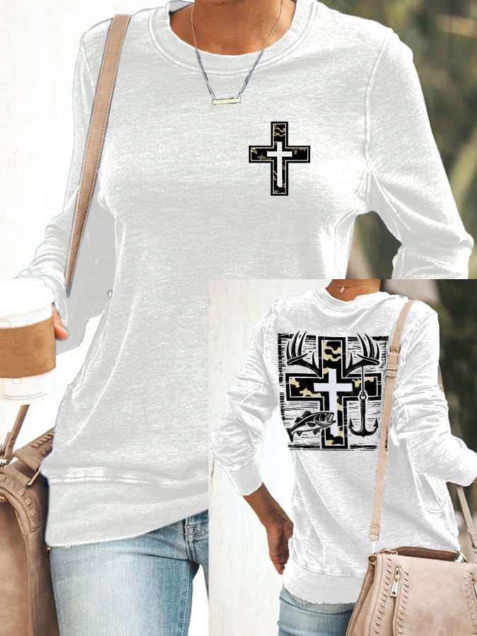 Women's Retro Faith Fishing Hunting Printed Casual Sweatshirt