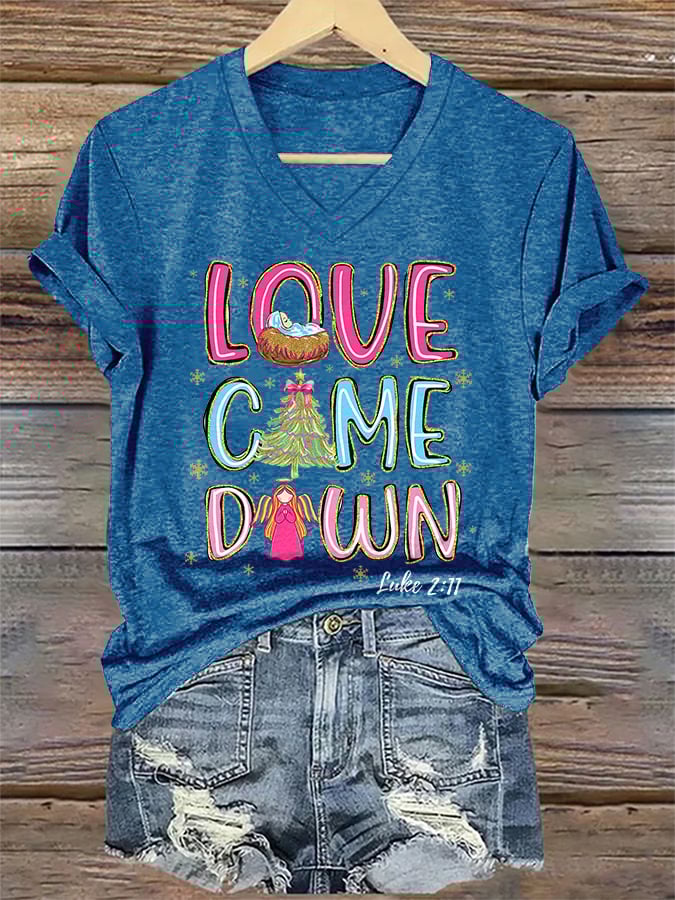 V-Neck Retro Christmas Faith Love Came Down Print T-Shirt