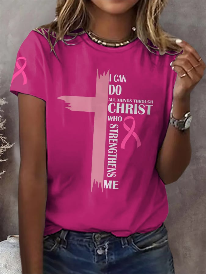 Retro Breast Cancer Awareness Faith Cross I Can Do All Things Through Christ Who Strengthens Me Print T-Shirt