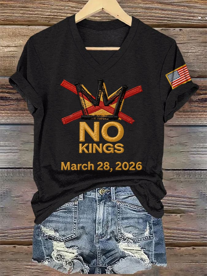 🔥Buy 3 Get 15% Off🔥V-Neck Retro No Kings Day March 28 2026 Print T-Shirt