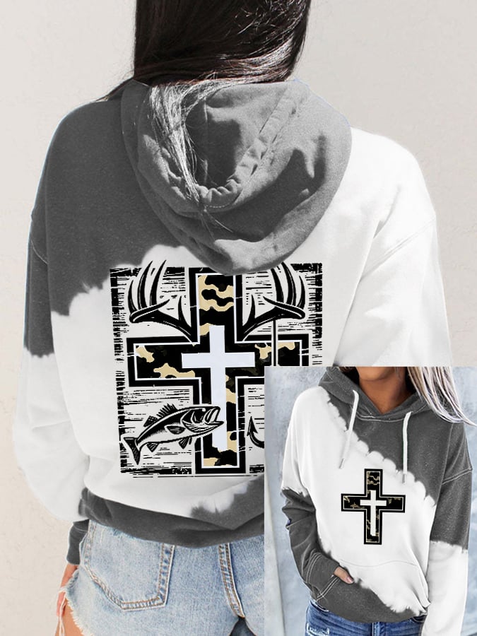 Women's Retro Faith Fishing Hunting Print Hoodie