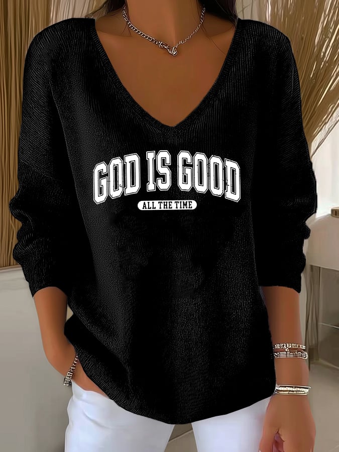 Women's Retro God Is Good All The Time Print Knit Top